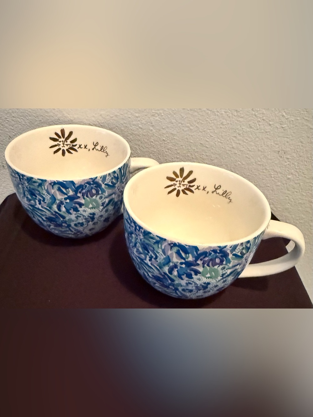 2 Lilly Pulitzer ceramic coffee mugs. Blue floral "High Maintenance" pattern - Picture 4 of 15